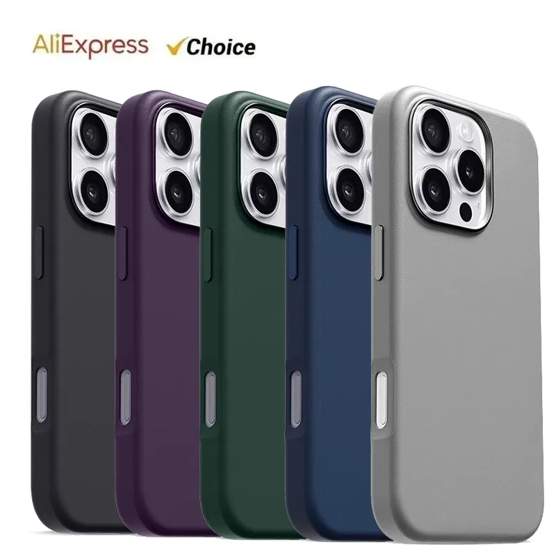 Material: CANVAS, Color: Brown - Original Apple Leather With Magsafe Case For iPhone 16 Pro Max 16 Plus Case Wireless Charging Magnetic Cover 16Pro With Box