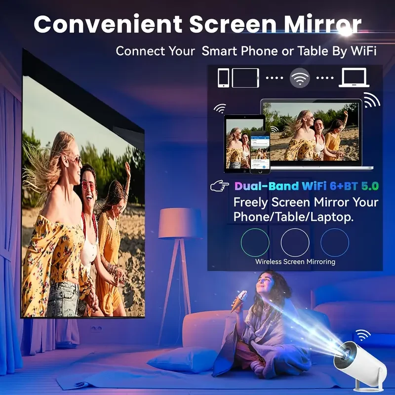 Portable 4K Android Projector - WIFI6, BT5.0, 720P Supports 1080P HD