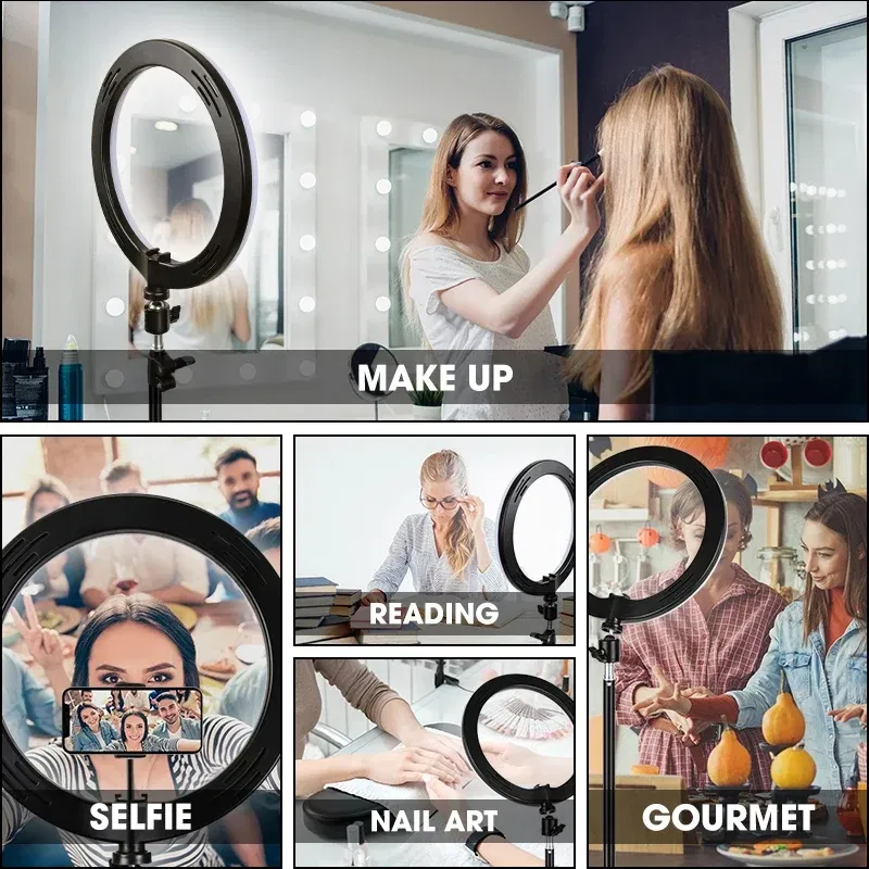 Color: grey - 10 inch LED Selfie Ring Light Dimmable Photography Fill Lamp with Mini tripod for Mobile Phone Live Video Photo Studio Ringlight