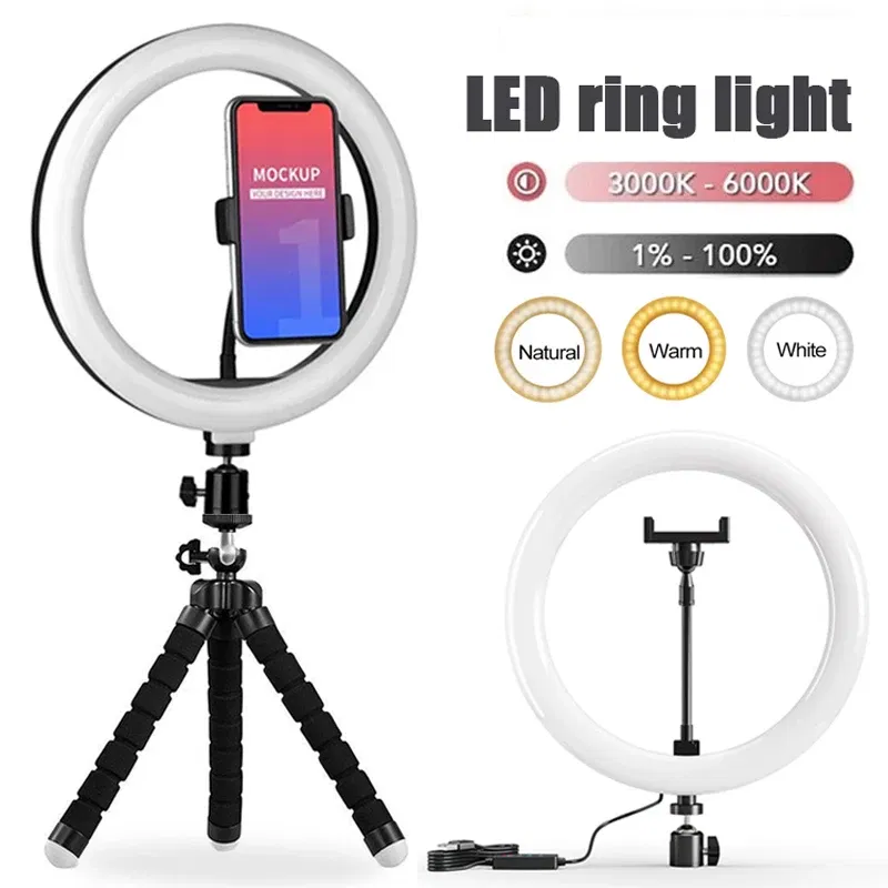 Color: grey - 10 inch LED Selfie Ring Light Dimmable Photography Fill Lamp with Mini tripod for Mobile Phone Live Video Photo Studio Ringlight