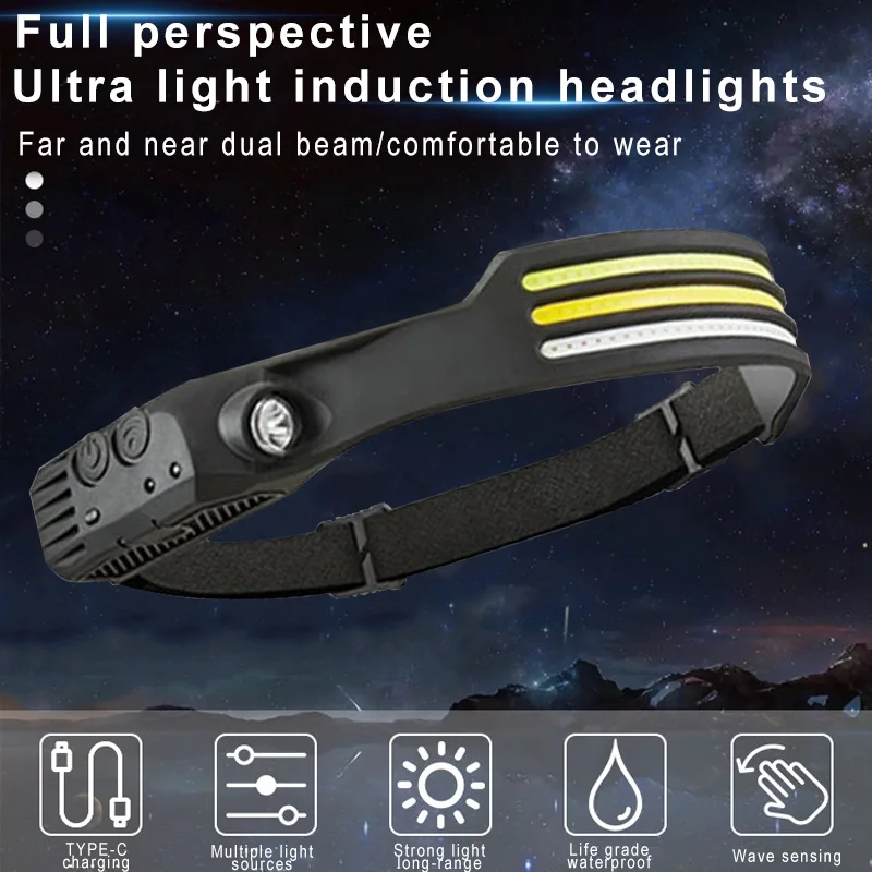 Emitting Color: RGB - Induction Headlamp COB LED Sensor Head Lamp Built-in Battery Flashlight USB Rechargeable Head Torch 5 Lighting Modes Headlight