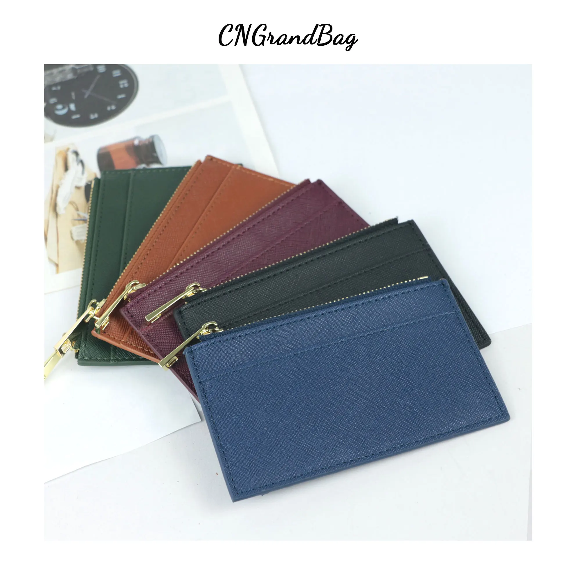 Color: Clear - Custom Name Saffiano Leather Zip CardHolder Multiple Colors Ultra Thin Coin Purse Drop Shipping Small Women Credit Card Wallet
