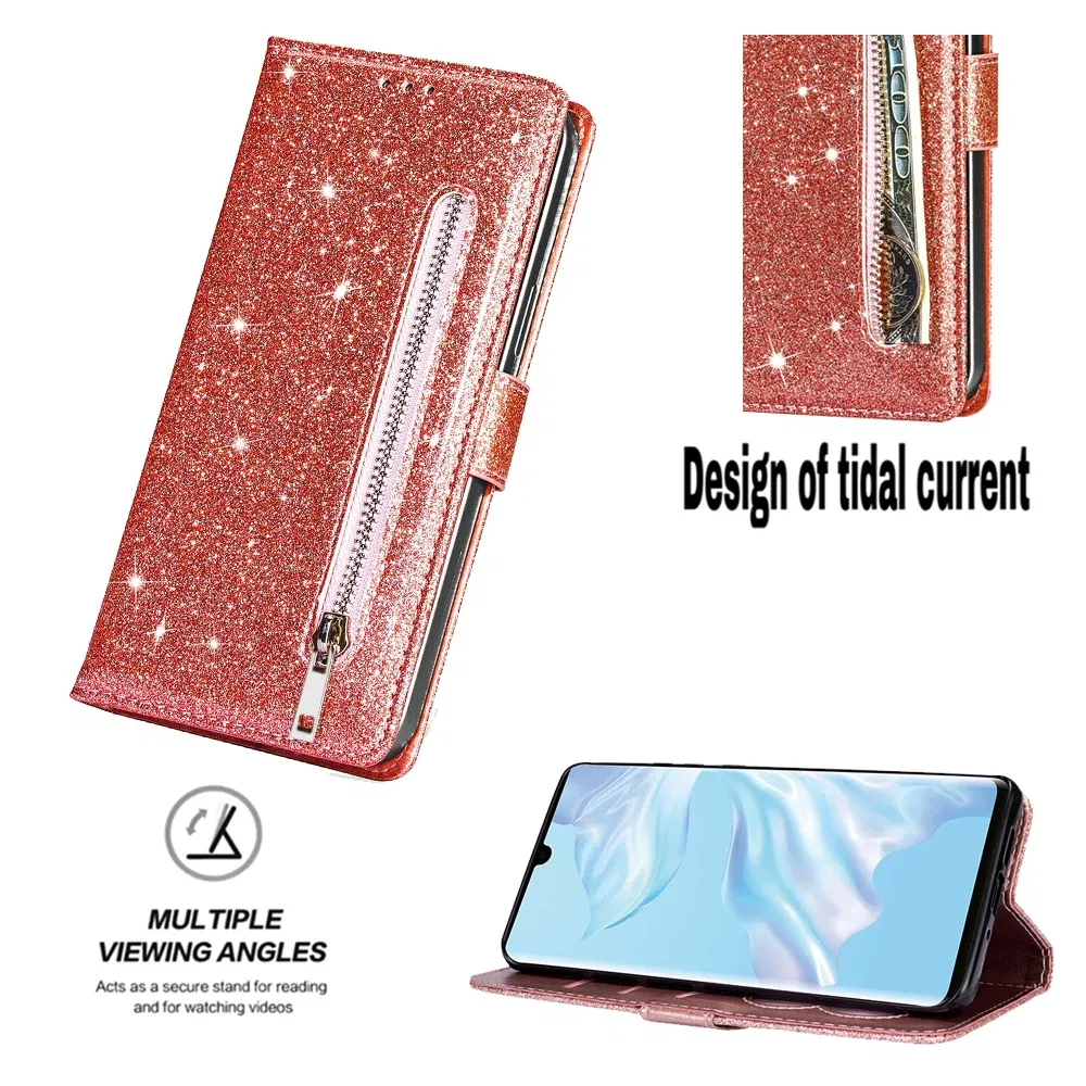 Color: black, Material: PU - Zipper Flip Wallet Glitter Leather Case for iPhone 16 15 14 13 12 11 Pro Max XS XR 8 7 Plus SE 2022 Mini Bling Stand Phone Cover