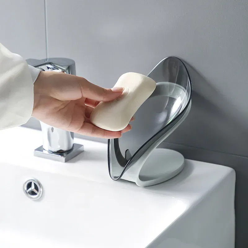 Color: Light Grey - Bathroom Soap Holder Leaf Shape Dish Soap Kitchen Sponge Soap Box Storage Non-slip Drain Soap Case Container Bathroom accessorie