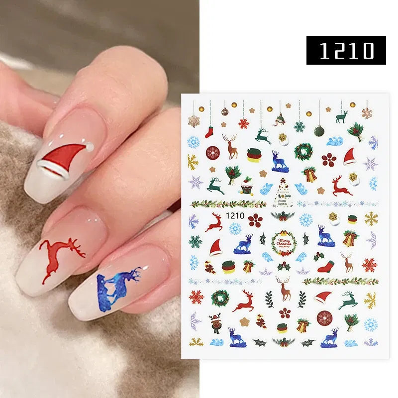 Color: Neon yellow - 1Pc Christmas Stickers Santa Claus Snowflake Decals Catoon Image Muti- Pattern New Year Halloween Nail Art Stickers for Manicure
