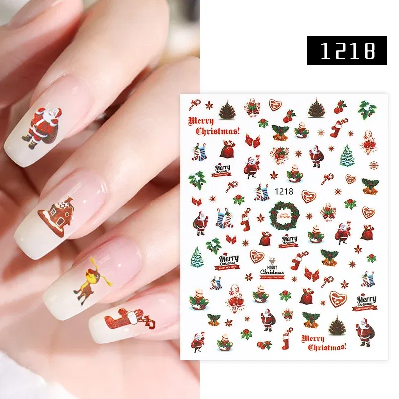 Color: Neon yellow - 1Pc Christmas Stickers Santa Claus Snowflake Decals Catoon Image Muti- Pattern New Year Halloween Nail Art Stickers for Manicure
