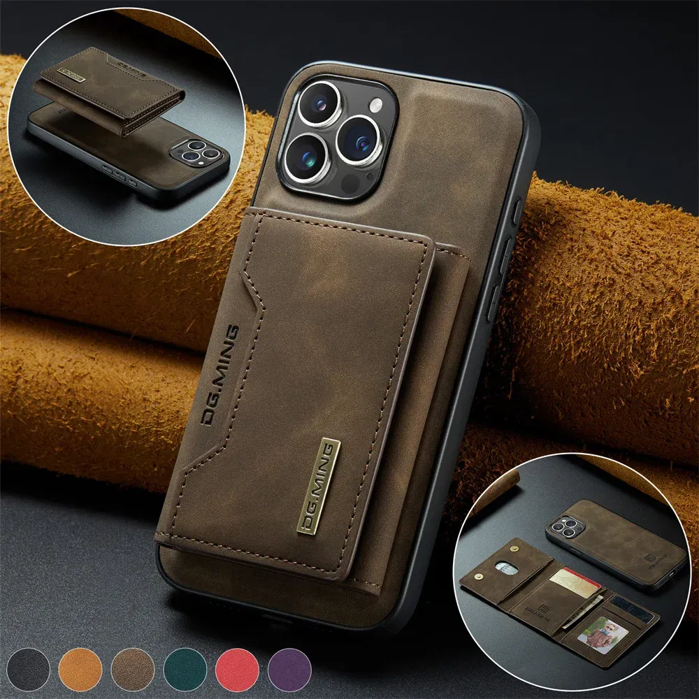 Color: Coffee, Material: Acrylic - 2 In 1 Case For iPhone 16 15 14 13 12 11 Pro Max Plus XS Max XR 8 Plus SE 2022 Wallet Magnetic Leather Card Holder Pocket Cover