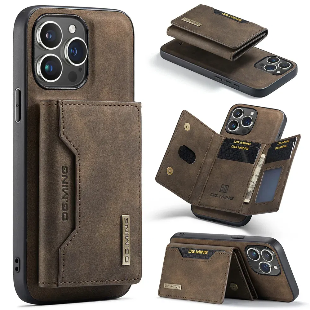 Color: Coffee, Material: Acrylic - 2 In 1 Case For iPhone 16 15 14 13 12 11 Pro Max Plus XS Max XR 8 Plus SE 2022 Wallet Magnetic Leather Card Holder Pocket Cover