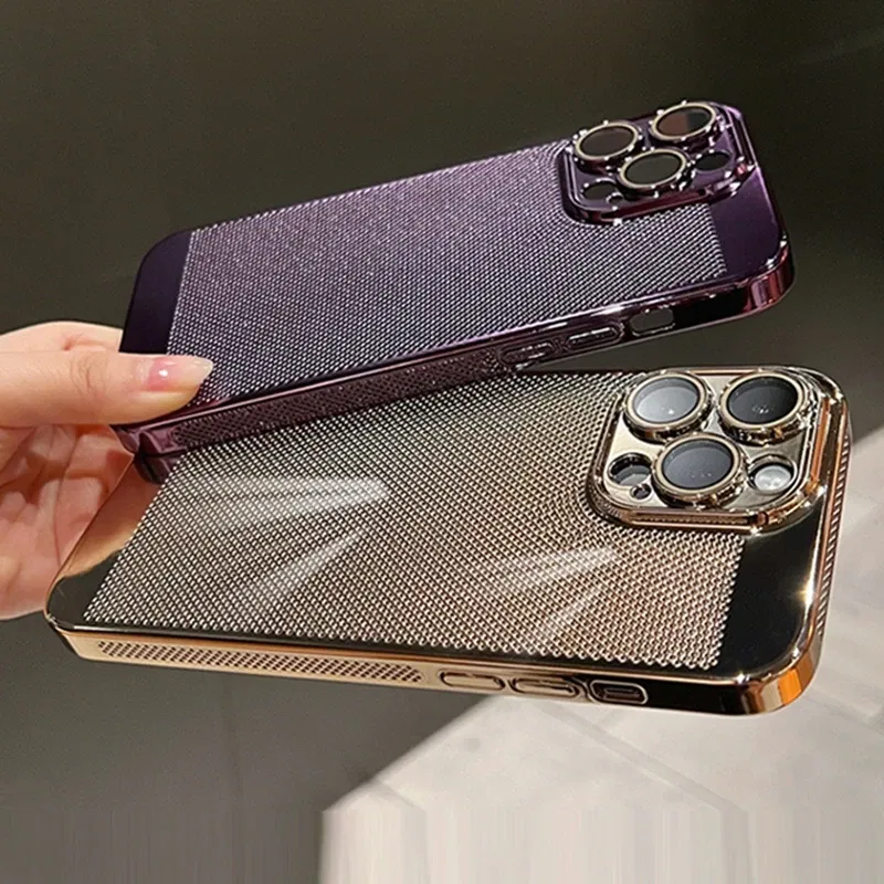 Color: Green, Material: Polyester - Luxury Plating Hollowed Out Case for iPhone 12 13 Mini 11 14 Pro Max X XR Xs Max 7 8 Plus Heat Dissipation Shockproof Lens Cover