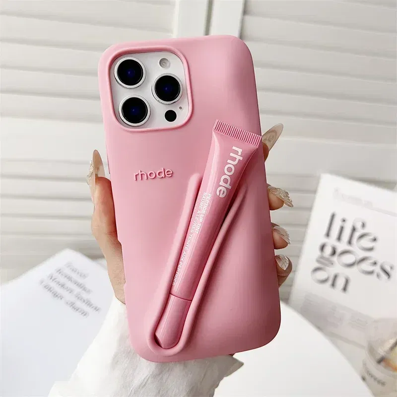 Color: GRAY, Bundle: Bundle1, Material: Leather - Phone Case For iPhone 12 13 14 15 16 Pro Max Plus 17 Air Portable Lip Gloss Holder Lipstick Silicone Soft Bumper Cover Lip Glaze