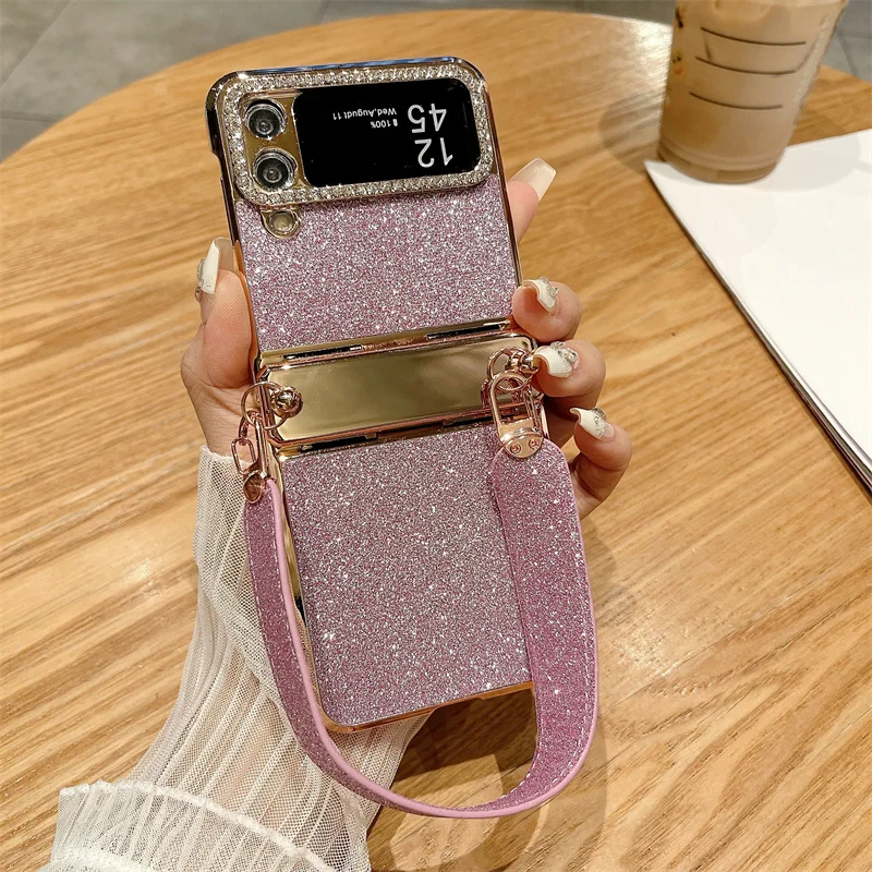 Color: Brown, Material: ABS - For Samsung Galaxy Z Flip 6 5 4 3 Case 3D Jewelled Diamond Luxury Gradient Bling Glitter Wrist Strap Holder Tote Bags Cover
