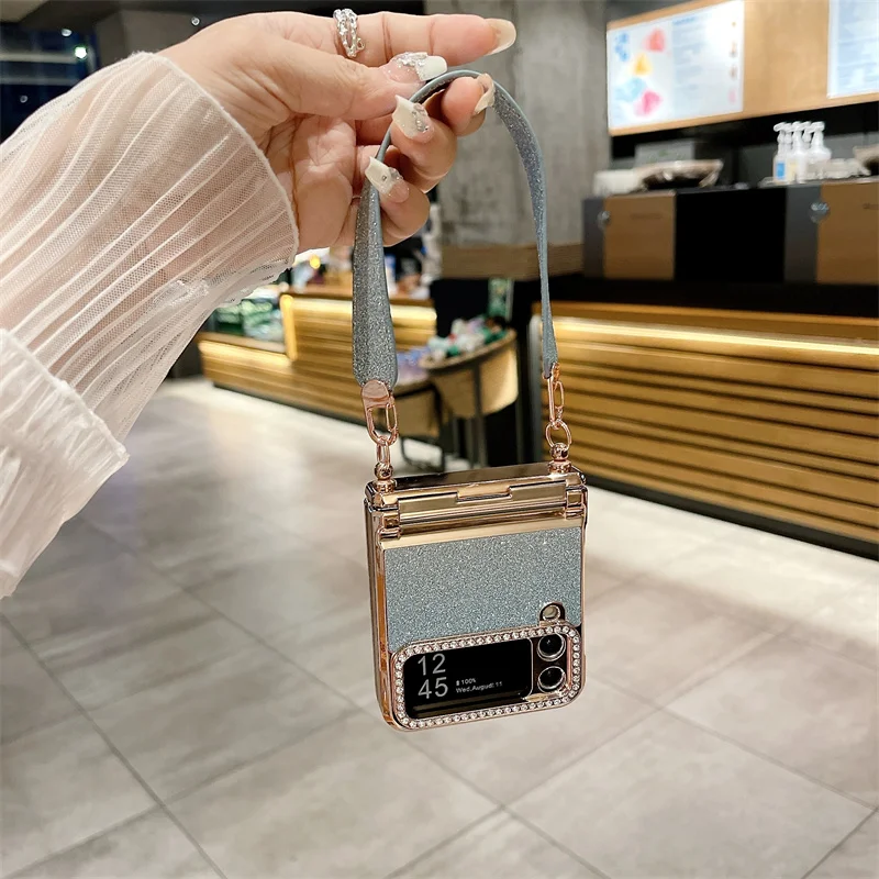 Color: Brown, Material: ABS - For Samsung Galaxy Z Flip 6 5 4 3 Case 3D Jewelled Diamond Luxury Gradient Bling Glitter Wrist Strap Holder Tote Bags Cover