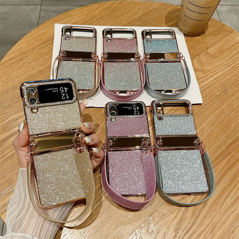 Color: Brown, Material: ABS - For Samsung Galaxy Z Flip 6 5 4 3 Case 3D Jewelled Diamond Luxury Gradient Bling Glitter Wrist Strap Holder Tote Bags Cover