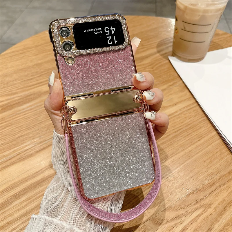 Color: Brown, Material: ABS - For Samsung Galaxy Z Flip 6 5 4 3 Case 3D Jewelled Diamond Luxury Gradient Bling Glitter Wrist Strap Holder Tote Bags Cover