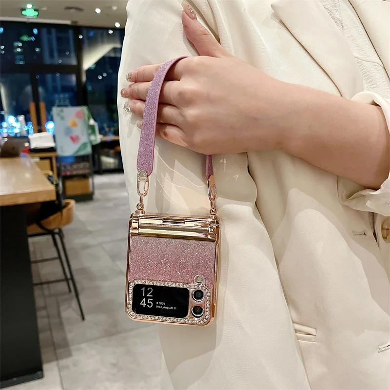 Color: Brown, Material: ABS - For Samsung Galaxy Z Flip 6 5 4 3 Case 3D Jewelled Diamond Luxury Gradient Bling Glitter Wrist Strap Holder Tote Bags Cover