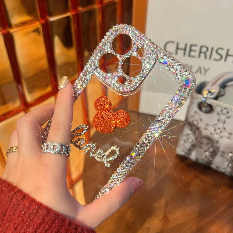 Color: Beige, Material: POLYESTER - Bling Glitter 3D cute cartoon Diamond soft silicon phone case For iphone 15 14 13 12 11 Pro Max 7 8 Plus X XS XR MAX Clear Cover