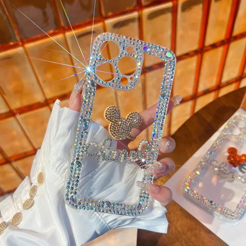Color: Beige, Material: POLYESTER - Bling Glitter 3D cute cartoon Diamond soft silicon phone case For iphone 15 14 13 12 11 Pro Max 7 8 Plus X XS XR MAX Clear Cover