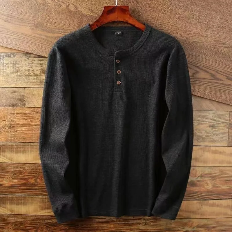 Color: Khaki, Size: XXL, Ships From: CHINA - Slim Fit Mens Basic Tee Casual Tshirts Henley Waffle Long Sleeve Shirts Thermal Solid Half Button Breathable 100% Cotton Shirts