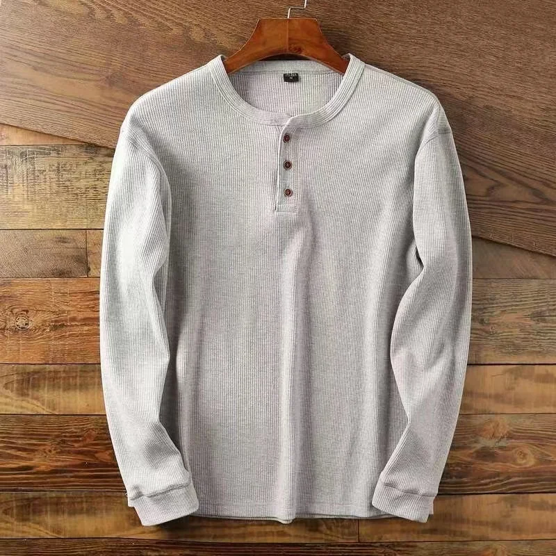 Color: Khaki, Size: XXL, Ships From: CHINA - Slim Fit Mens Basic Tee Casual Tshirts Henley Waffle Long Sleeve Shirts Thermal Solid Half Button Breathable 100% Cotton Shirts