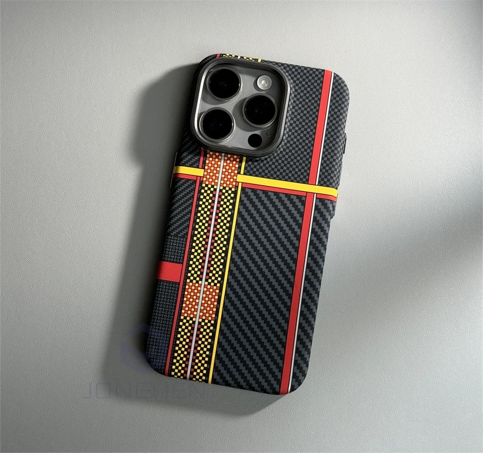 Color: Beige Pink, Material: PE - Luxury Alloy Lens Personalized Pixel 3D Relief Carbon Fibre Pattern Case For iPhone 13 14 15 16 Pro Max Slim Cover For Magsafe