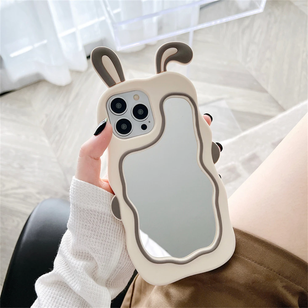 Color: Pink, Material: Denim - Cute Bunny Ears Mirror Phone Case For iPhone 15 14 Plus 13 12 11 Pro Max Shockproof Silicone Case