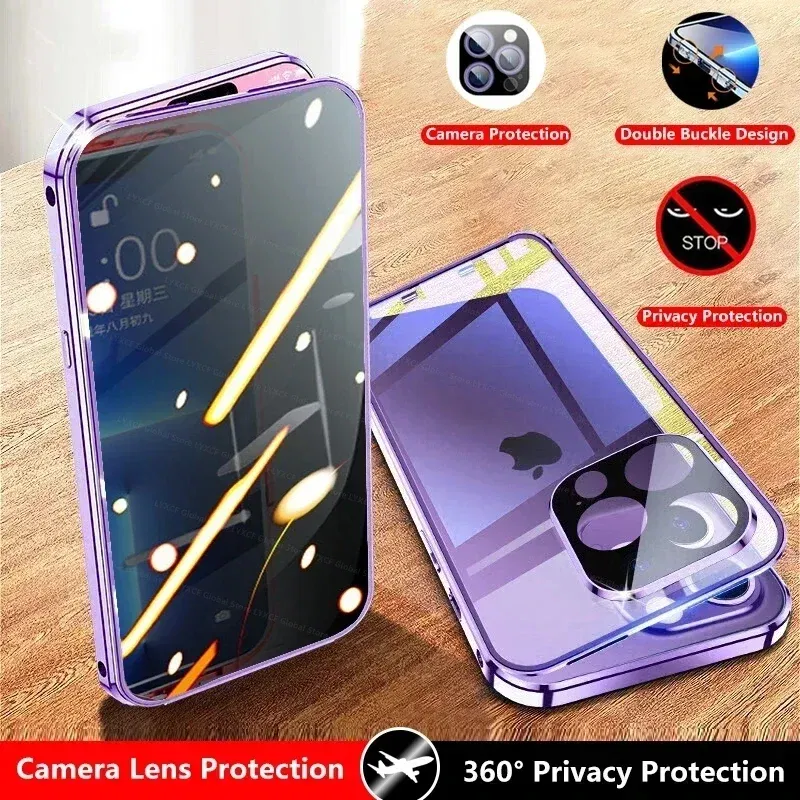 Color: PURPLE, Material: Neoprene - Double-Sided Privacy Magnetic Case For iPhone 16 12 13 14 15 11 Pro Max 14 Plus 16 Plus Anti Peeping Full Cover Metal Frame Case