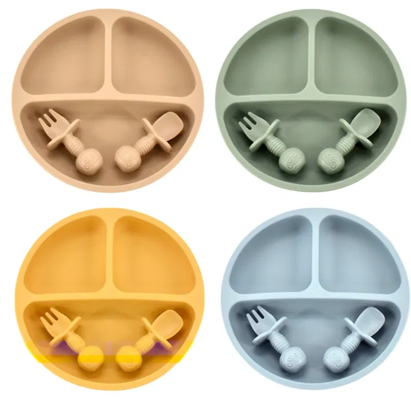 Color: Gold - 9Colors Baby Plate Set Food Grade Silicone Dishes BPA-Free Tableware Kids Feeding Bowls Kids Learning Dishes Tray Dropshiping