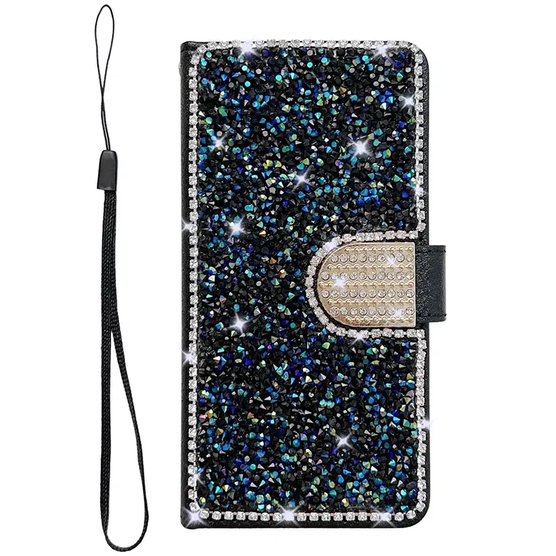 Color: black, Material: Denim - Glitter Diamond Wallet Leather Case For Samsung Galaxy A14 A15 A16 A35 A55 A34 A54 S25 Ultra S24 FE S23 S22 S21 S20 Plus