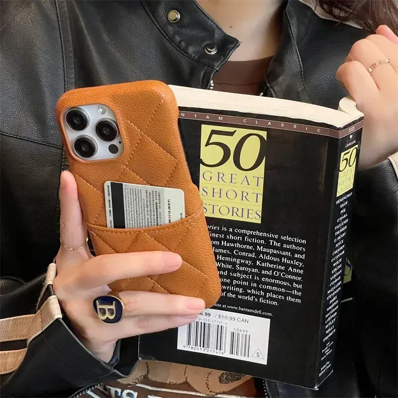 Color: Brown, Material: Cotton Fabric - Luxury Lattice Pattern Leather Cover for IPhone 16 15 14 13 Pro Max Credit Card Slot Holder Purse Wallet Shockproof Phone Case