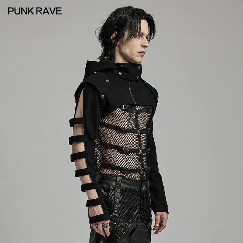 Color: black, Size: M - PUNK RAVE Men's Punk Sleeves Are Hollow Loop Straps Short Coat Handsome Cool Stand Up Collar Casual Mens Jacket Autumn