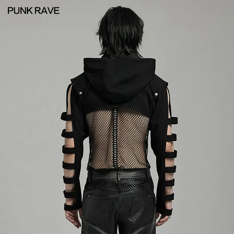 Color: black, Size: M - PUNK RAVE Men's Punk Sleeves Are Hollow Loop Straps Short Coat Handsome Cool Stand Up Collar Casual Mens Jacket Autumn