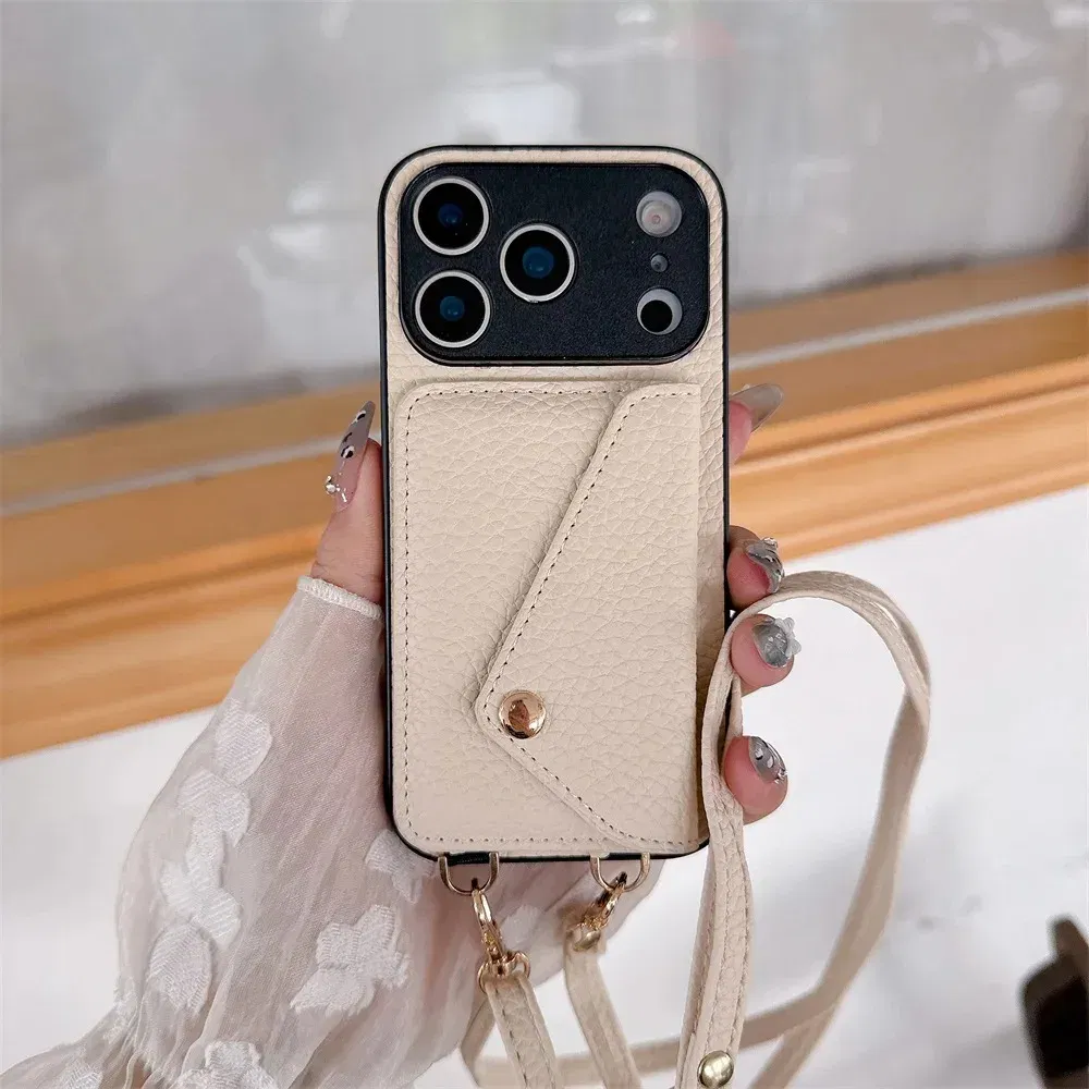 Material: PP, Color: Beige - Crossbody wallet card holder phone case For iPhone 17Air 16, 15, 14, 13, 12, 11 Pro Max, XR with lanyard protective cover