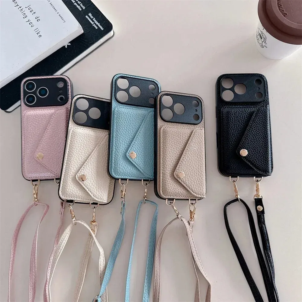 Material: PP, Color: Beige - Crossbody wallet card holder phone case For iPhone 17Air 16, 15, 14, 13, 12, 11 Pro Max, XR with lanyard protective cover