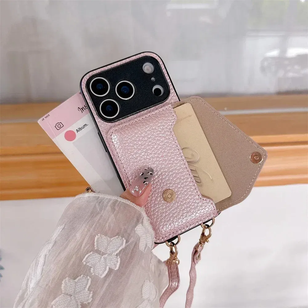 Material: PP, Color: Beige - Crossbody wallet card holder phone case For iPhone 17Air 16, 15, 14, 13, 12, 11 Pro Max, XR with lanyard protective cover
