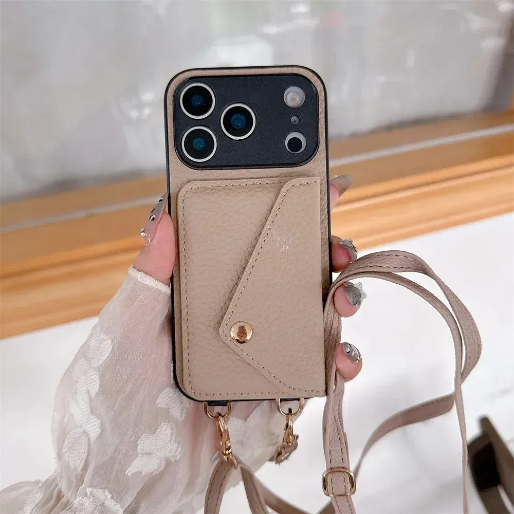 Material: PP, Color: Beige - Crossbody wallet card holder phone case For iPhone 17Air 16, 15, 14, 13, 12, 11 Pro Max, XR with lanyard protective cover