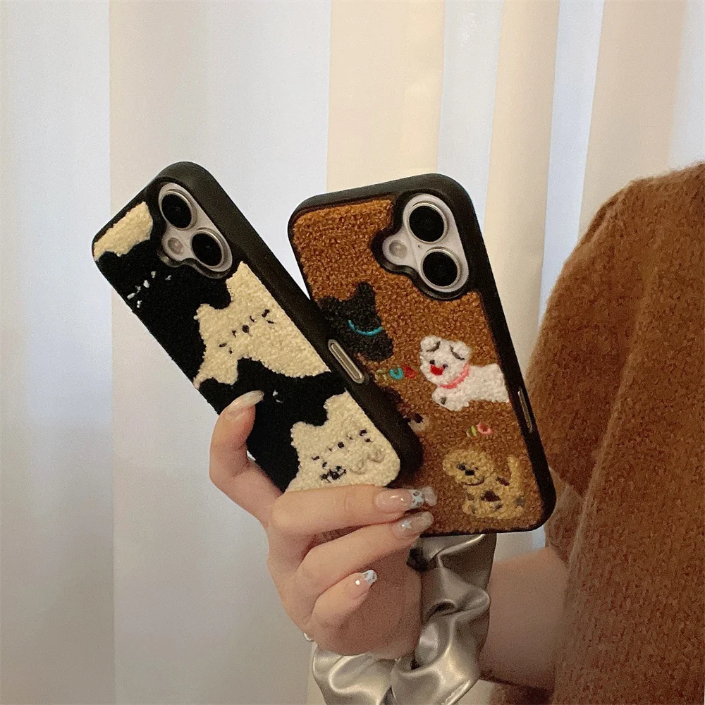 Color: Blue, Material: PC - Luxury Cartoon Embroidery Cute Dog Cats Colorful Dots Phone Case For iPhone 13 14 15 16 Pro Max Plush Winter Shockproof Cover