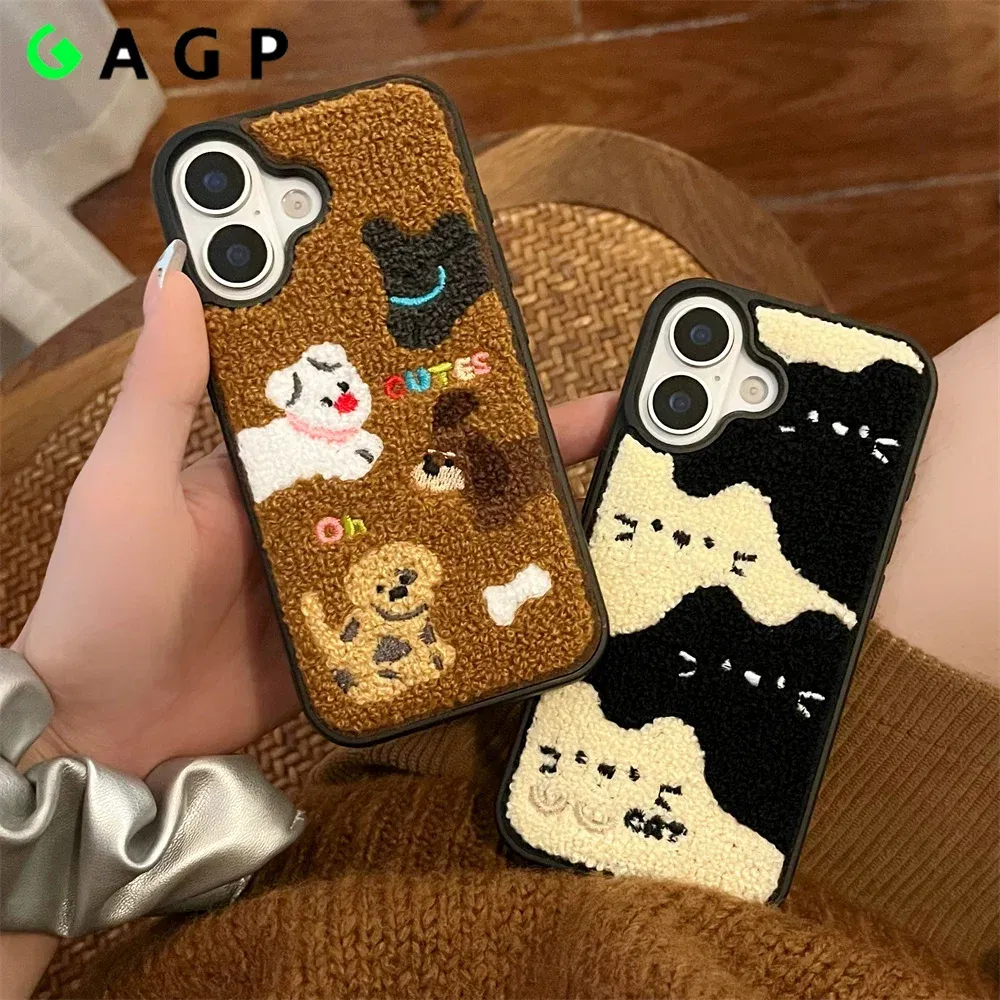 Color: Blue, Material: PC - Luxury Cartoon Embroidery Cute Dog Cats Colorful Dots Phone Case For iPhone 13 14 15 16 Pro Max Plush Winter Shockproof Cover