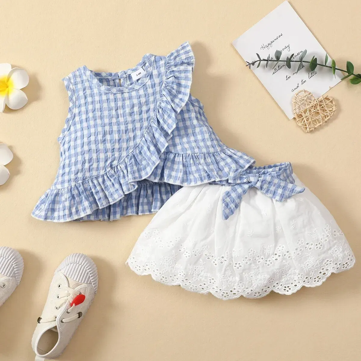 Kid Size: 9M, Color: Red - Charming Girls' Summer Ensemble: Sleeveless Plaid Ruffle Top & Lace Hem Skirt - Comfy, Durable & Stylish