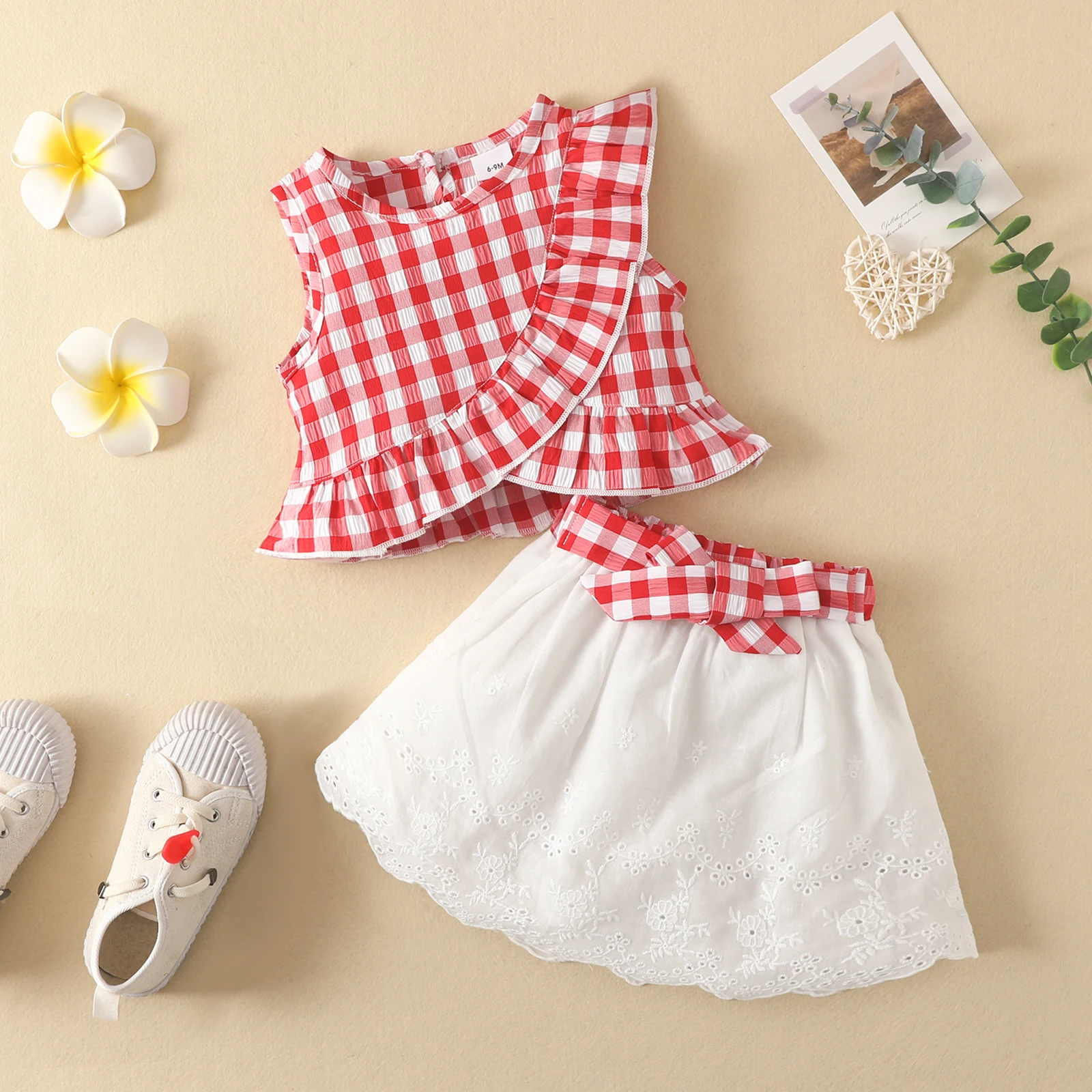 Kid Size: 9M, Color: Red - Charming Girls' Summer Ensemble: Sleeveless Plaid Ruffle Top & Lace Hem Skirt - Comfy, Durable & Stylish