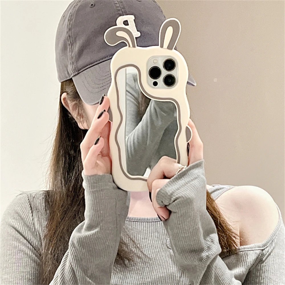 Color: Beige, Material: Microfiber - Cute Bunny Ears Mirror Phone Case For iPhone 15 14 Plus 13 12 11 Pro Max Shockproof Silicone Case