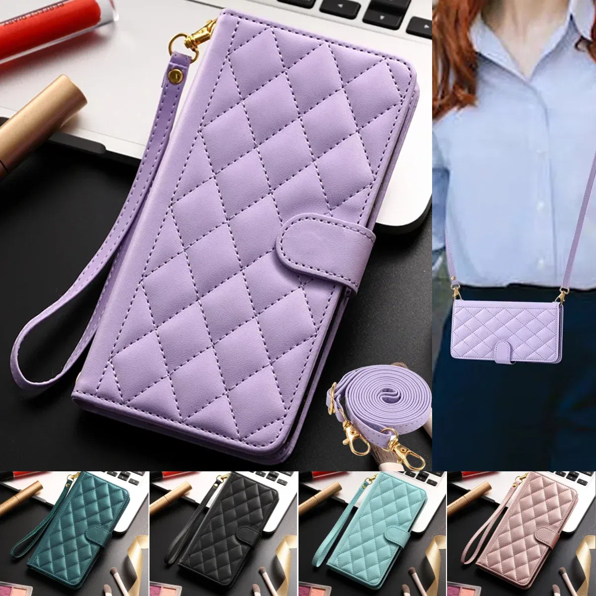 Material: Aluminum, Color: Red - Long lanyard Flip Leather Phone Case for Samsung Galaxy S24 Ultra S23 FE S22 S21 S20 S10 Plus Wallet Card Cover Coque