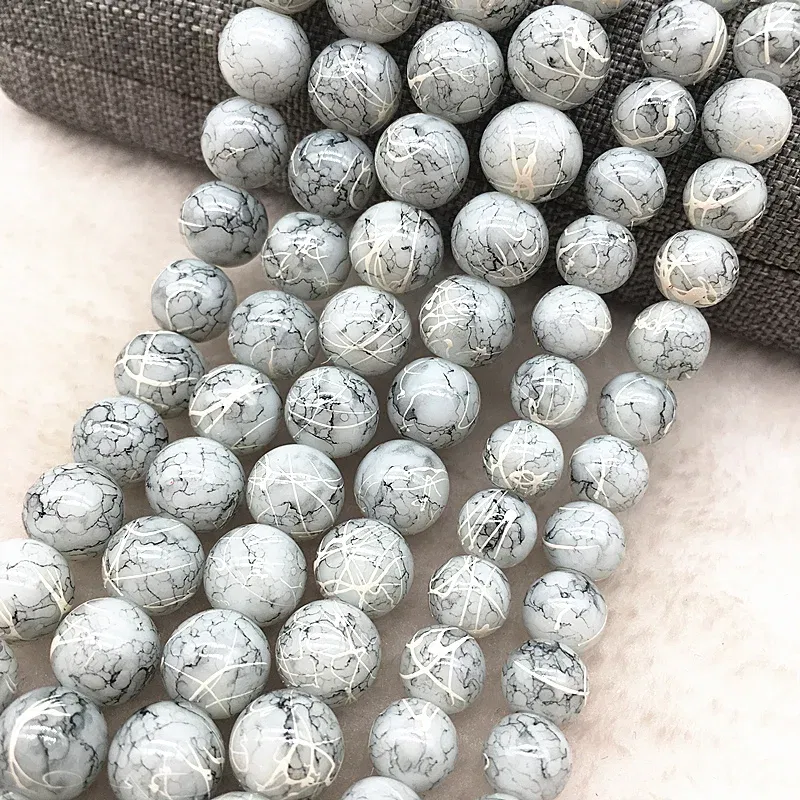 Color: GRAY, Item Diameter: 5mm - Wholesale 4/6/8/10mm Glass Beads Round Loose Spacer Beads Pattern For Jewelry Making DIY Bracelet Necklace