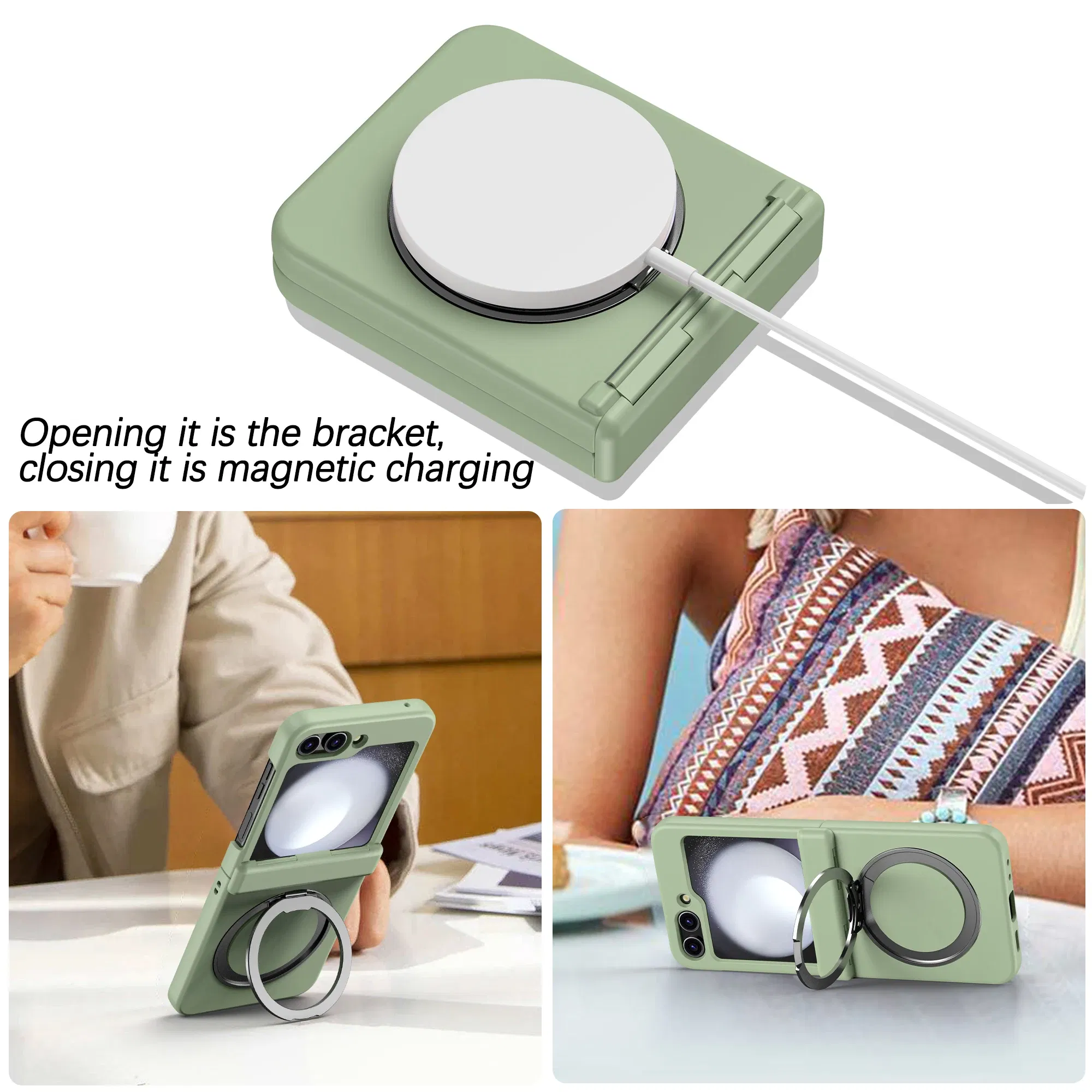 Color: Sky blue, Material: ABS - 360?° Rotating Holder Phone case For Samsung Galaxy Z Flip 5 Magsafe Wireless charge 360 Degree Ring Magnetic stand Phone Cover