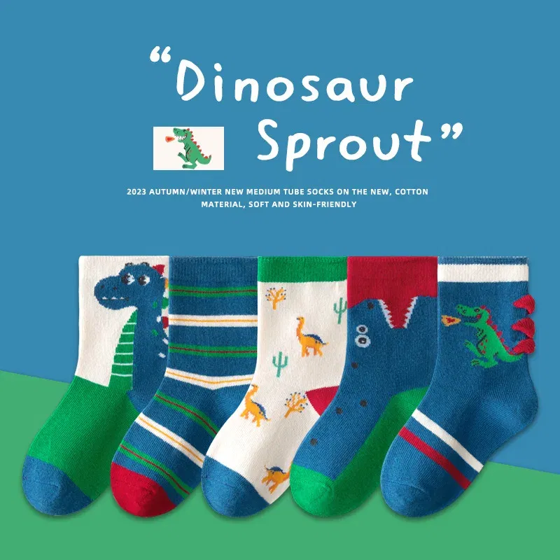 Color: SKY BLUE, Size: 10-12T - 5 Pairs/pack Autumn Socks Children's Cotton Socks Cartoon Dinosaur Pattern Kids Boys Crew Socks