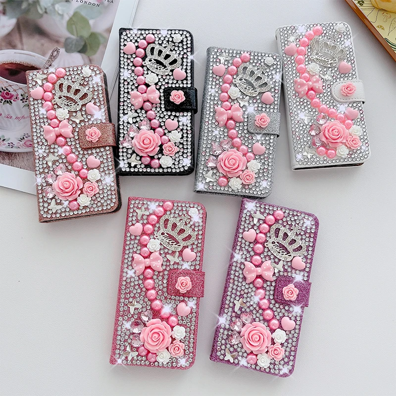 Color: Rose, Material: Plastic - Wallet Glitter Case For Samsung Galaxy S24 FE S23 Ultra S22 Plus S21 S20 A13 A14 A15 A16 A53 A54 A55 A34 Flip Luxury Leather