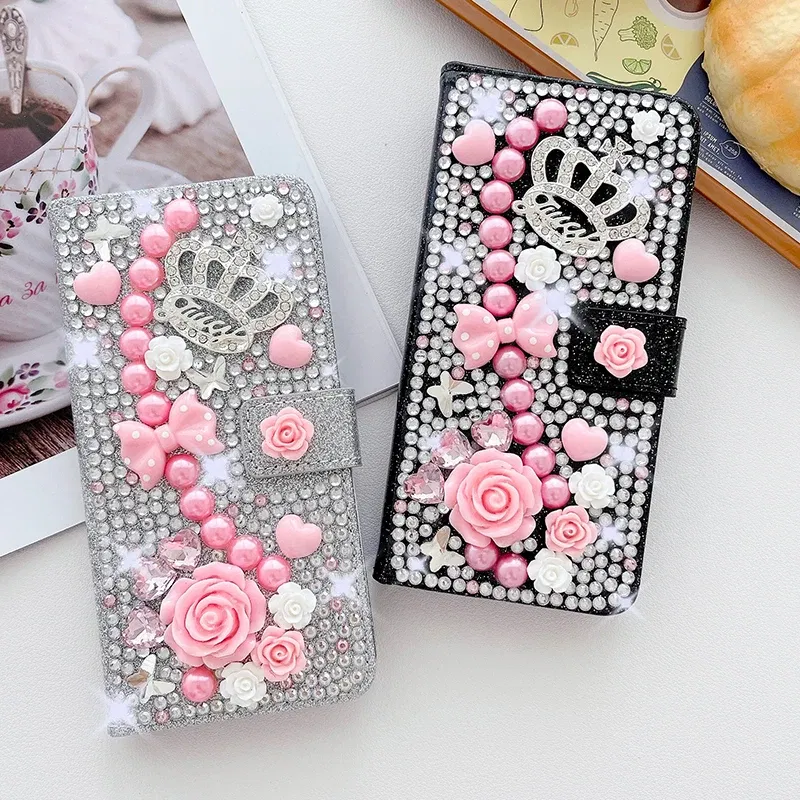Color: Rose, Material: Plastic - Wallet Glitter Case For Samsung Galaxy S24 FE S23 Ultra S22 Plus S21 S20 A13 A14 A15 A16 A53 A54 A55 A34 Flip Luxury Leather
