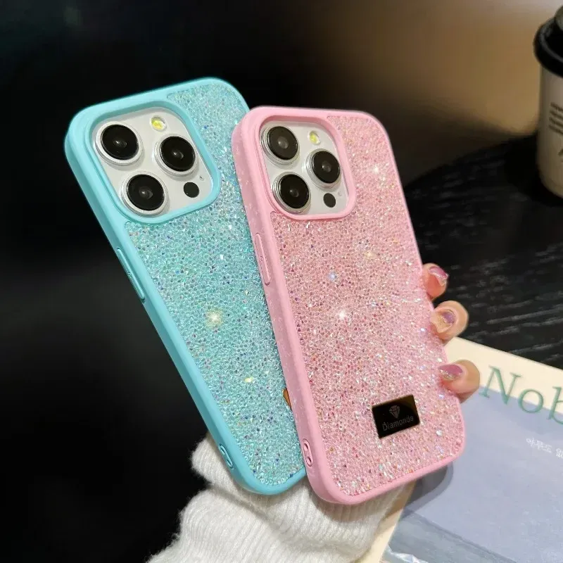 Material: ABS, Color: Blue - Luxury INS Dazzling Full Covered Zircon Macaroon Color Phone Case for iPhone 16 15 14 11 12 13 Pro Max Plus Back Cover