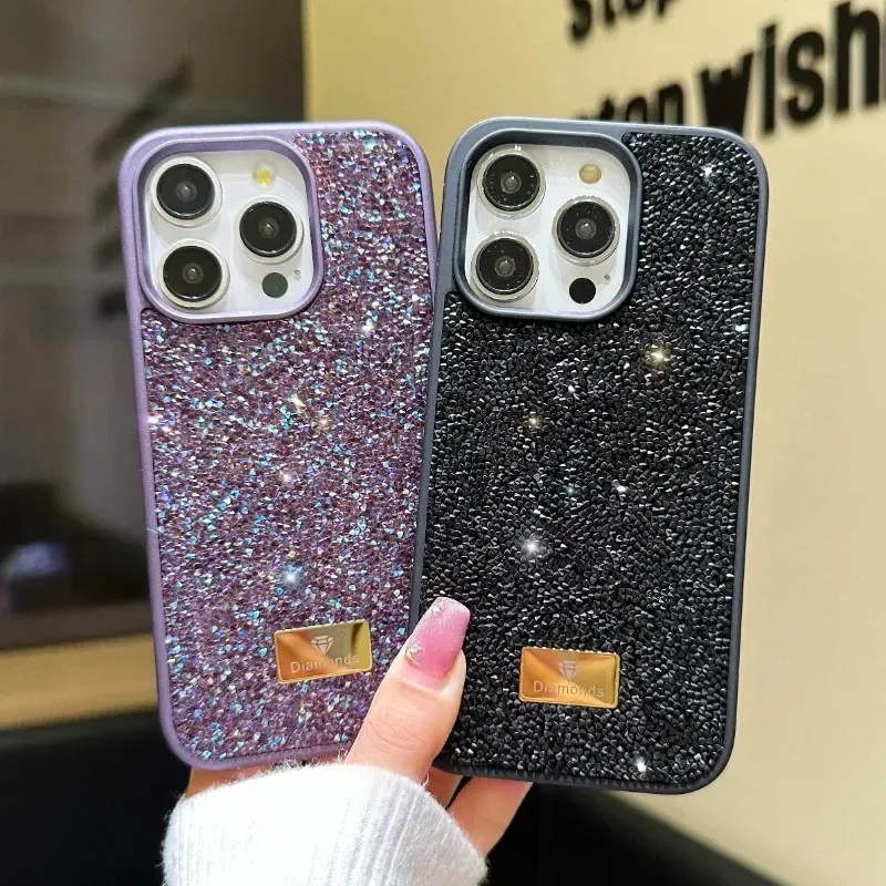 Material: ABS, Color: Blue - Luxury INS Dazzling Full Covered Zircon Macaroon Color Phone Case for iPhone 16 15 14 11 12 13 Pro Max Plus Back Cover