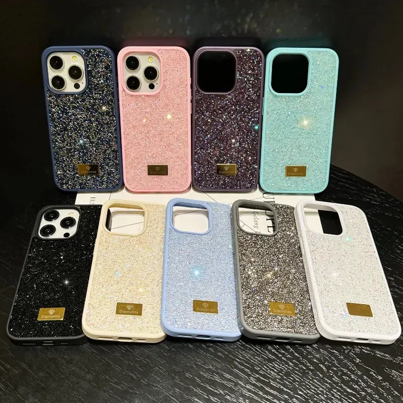 Material: ABS, Color: Blue - Luxury INS Dazzling Full Covered Zircon Macaroon Color Phone Case for iPhone 16 15 14 11 12 13 Pro Max Plus Back Cover
