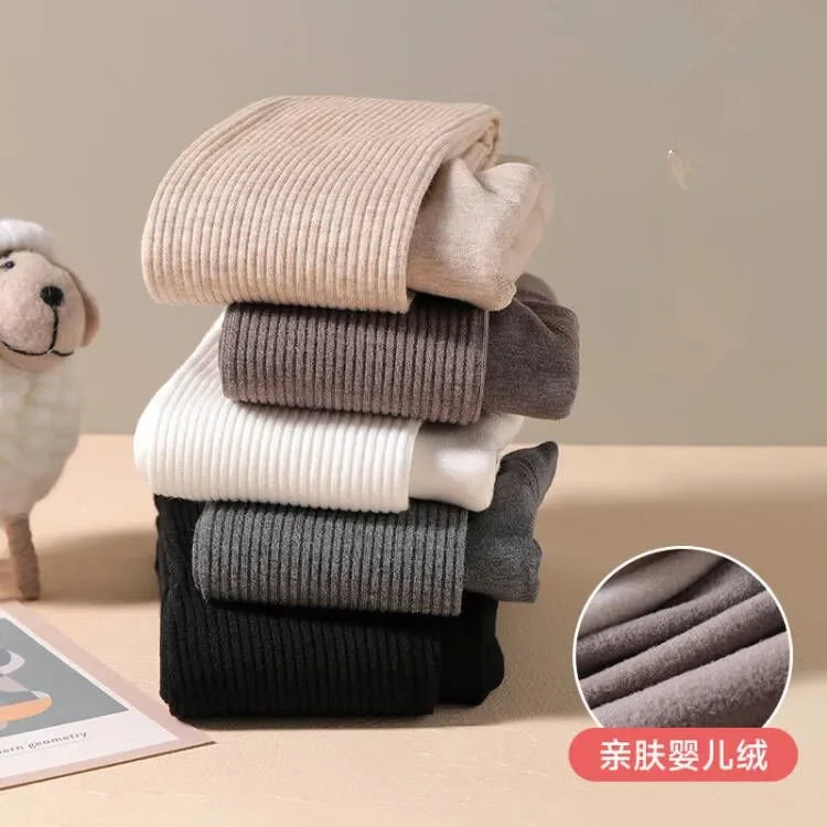 Color: GRAY, Size: XS - Autumn Winter New Thin Plush Vertical Stripe Solid Color Girls' Pantyhose With Plush Warm Children's Bottom Socks and Panties